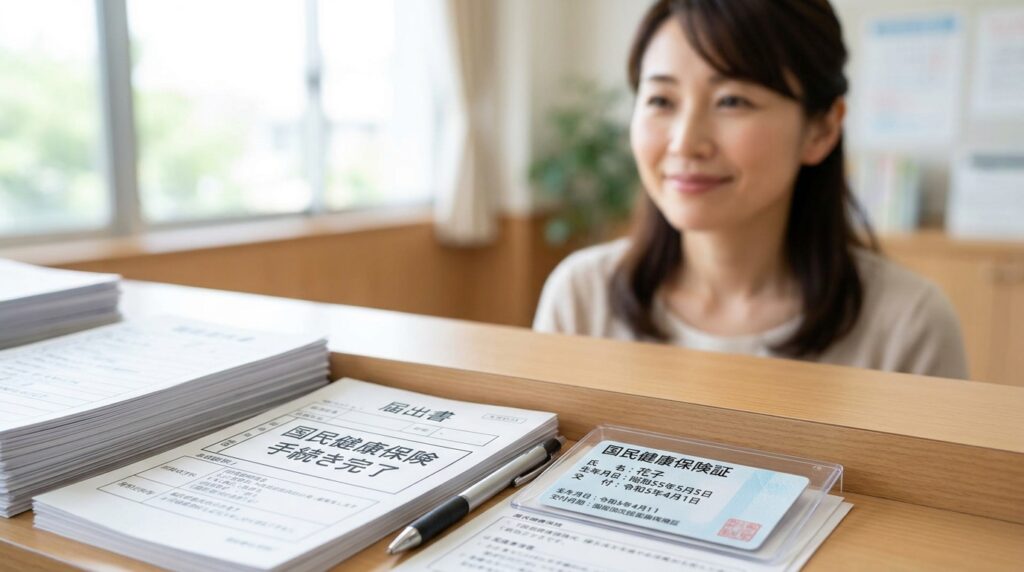 A receptionist behind a wooden counter with stacks of forms and a pen in view. Japanese documents are visible on the desk.