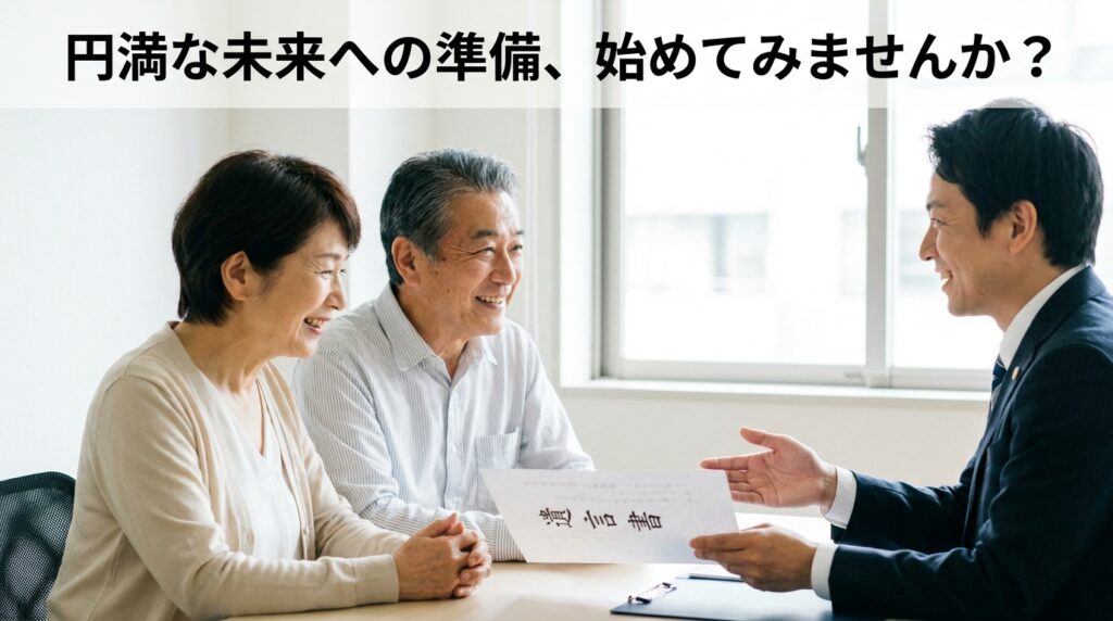 Couple sits with a smiling advisor in a bright office, reviewing a document together for future planning