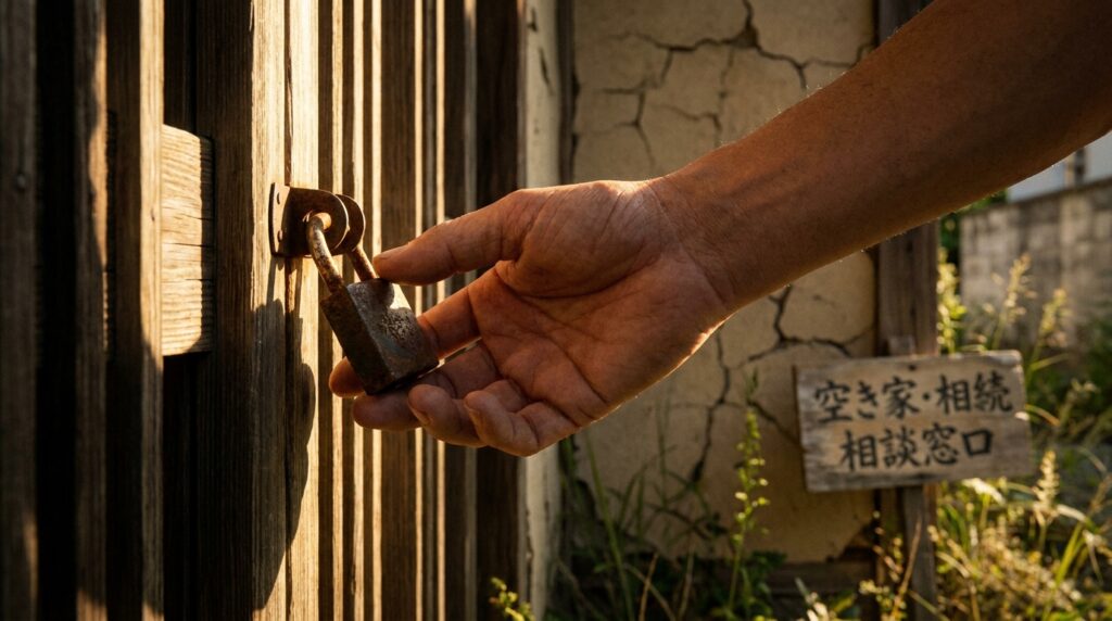 Hand unlocking a rusty padlock on a weathered wooden door, sunlit paneling visible