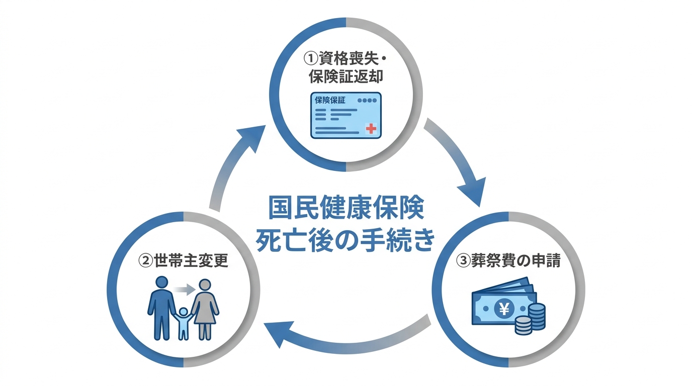 ogai_image_1 | いがり円満相続相談室 国民健康保険の死亡後に行う3つの手続き(資格喪失と保険証返却、世帯主変更、葬祭費の申請)をまとめた図解。