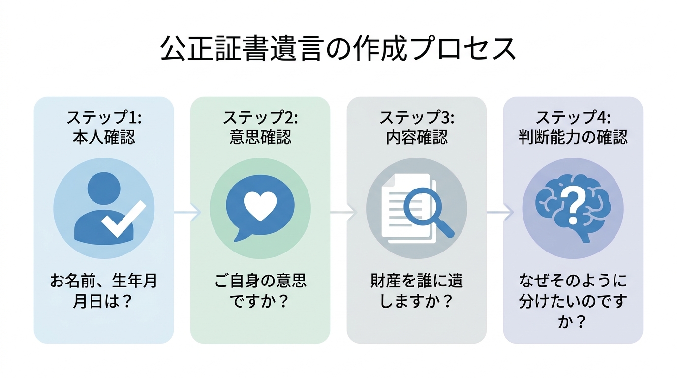 公正証書遺言で公証人から聞かれる4つの質問カテゴリを示した図解。本人確認、意思確認、内容確認、判断能力の確認の4ステップ。