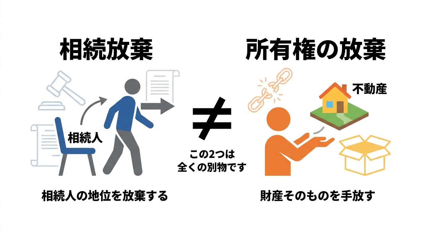 相続放棄と所有権の放棄の違いを解説する図解。「相続人の地位を放棄する」ことと「財産そのものを手放す」ことはイコールではないことを示している。