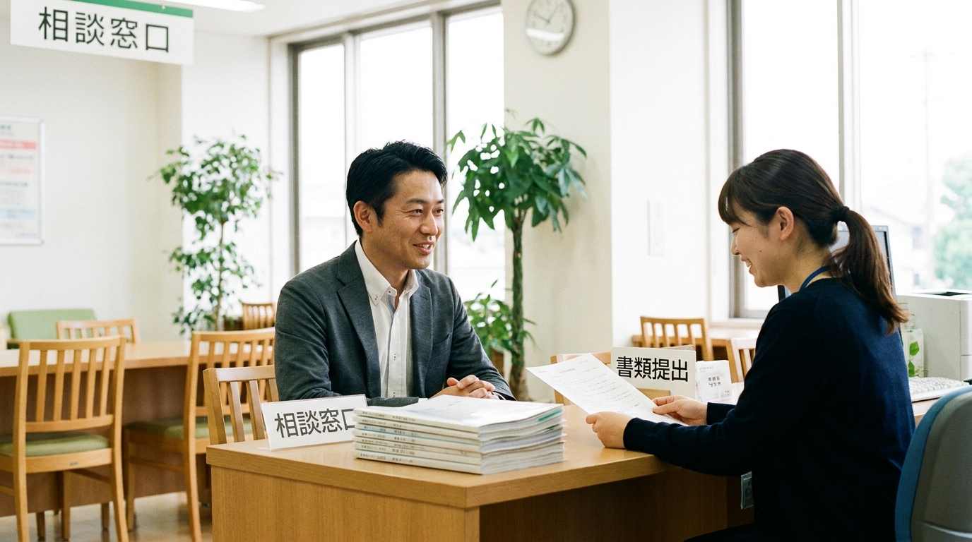 ogai_image_2 | いがり円満相続相談室 専門家のアドバイスを受けて、市役所の窓口でスムーズに国民健康保険の死亡手続きを行う男性。