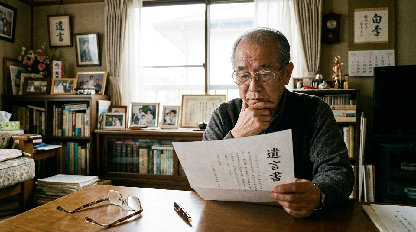 自宅で遺言書の内容を真剣に確認する高齢男性。判断能力がしっかりしているうちに対策することの重要性を象徴する画像。