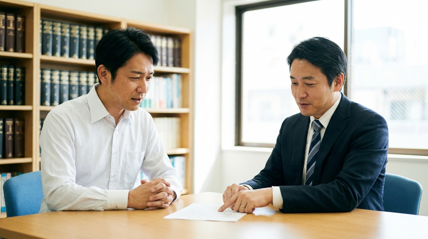 司法書士に空き家の相続放棄について相談している男性。専門家のアドバイスを受け、少し安心した表情を浮かべている。