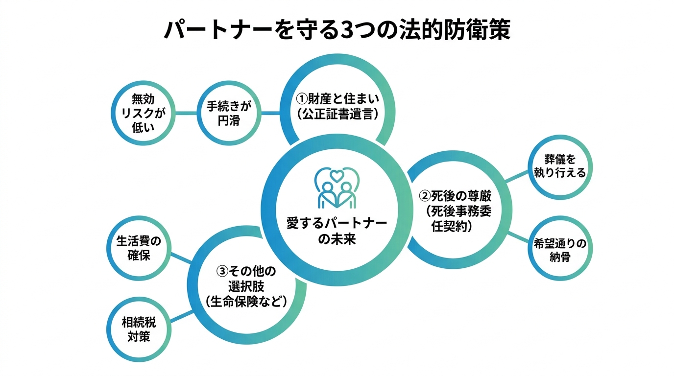 パートナーを守るための3つの法的対策(公正証書遺言、死後事務委任、その他の選択肢)を図解したインフォグラフィック