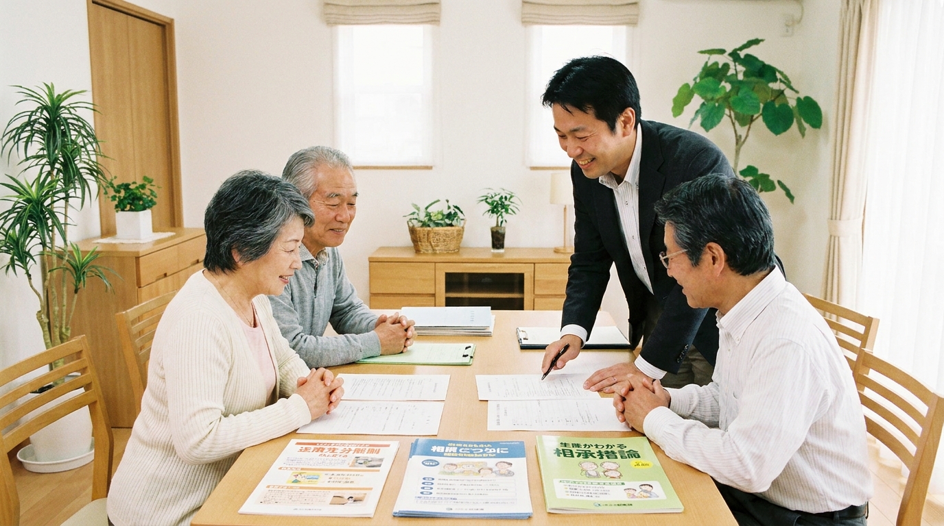 司法書士と相談し、公正証書遺言作成の不安が解消されて安心した表情の高齢夫婦。