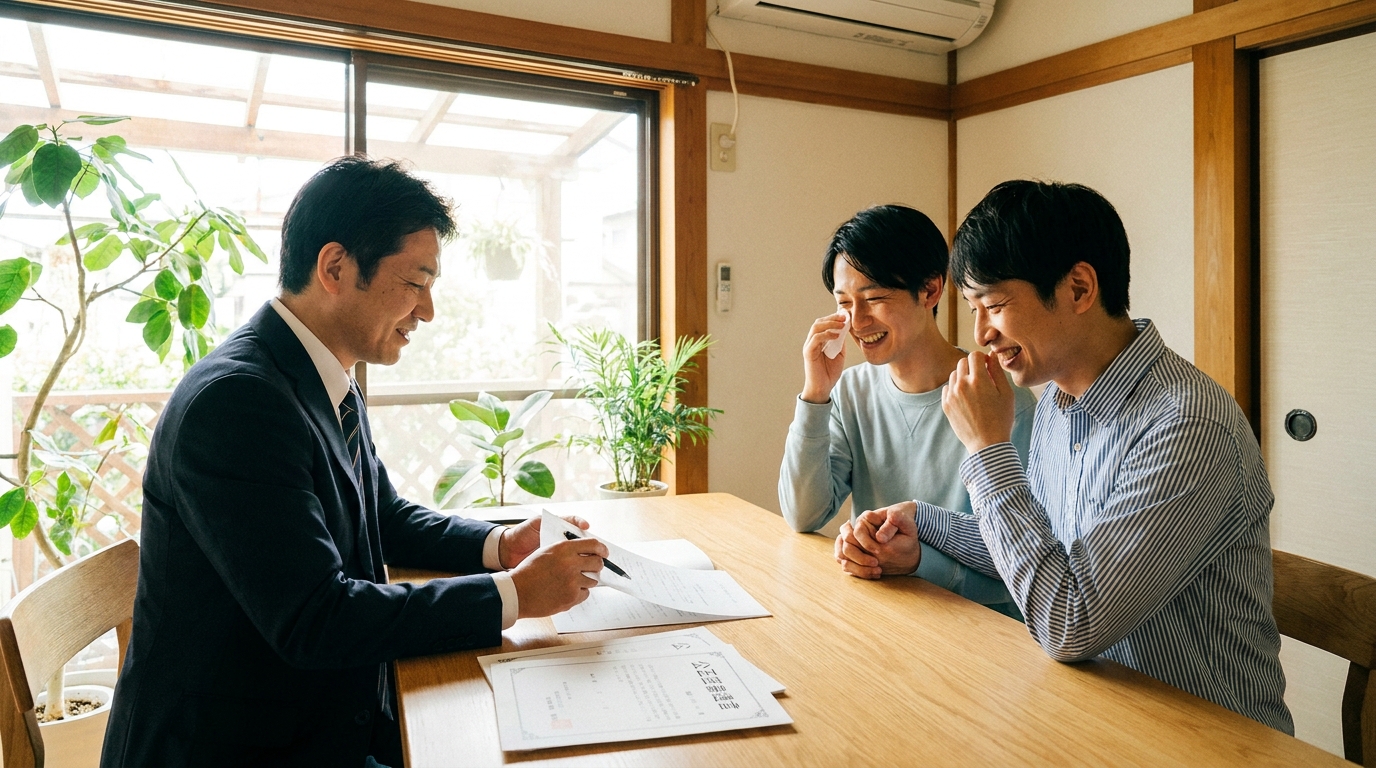 司法書士に相談し、安心した表情を浮かべる同性カップル