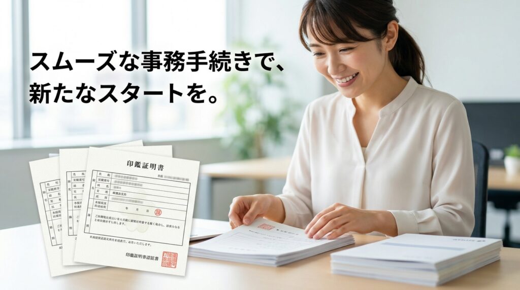 窓際のオフィスで書類を整える女性。左上に『スムーズな事務手続きで、新たなスタートを。』と書かれた日本語のコピーがある。