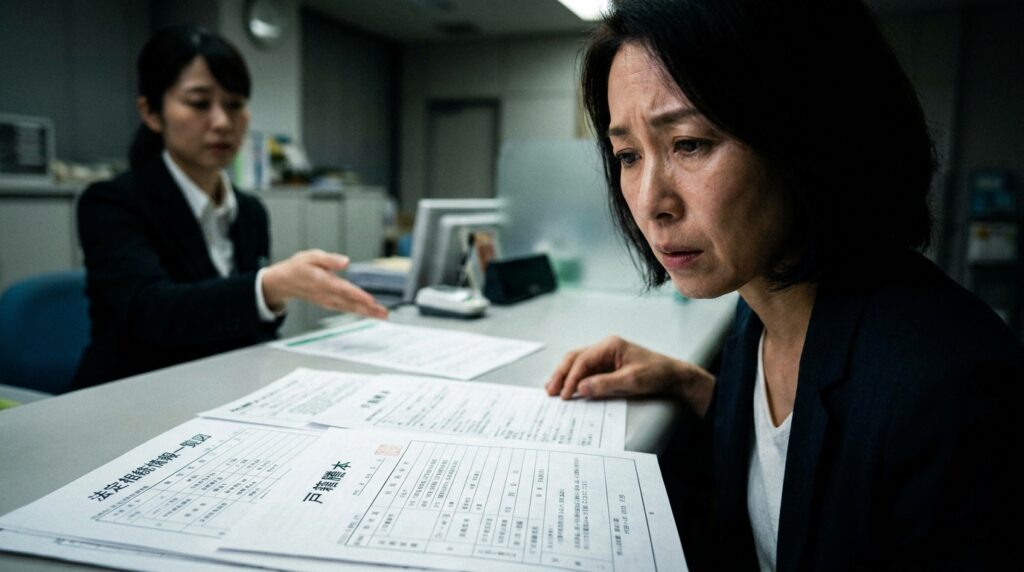 Two women in an office at a desk with printed forms; foreground woman looks worried as a colleague gestures at paperwork.