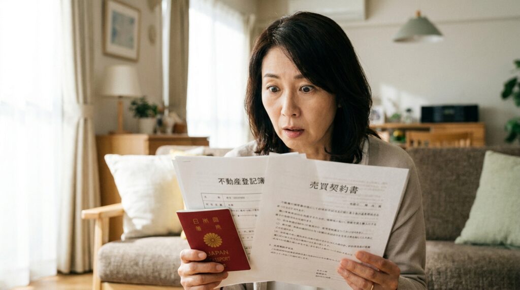 Woman sits on a couch, reading papers, holding a Japanese passport.