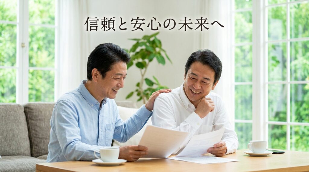 Two men sit at a wooden table, smiling over documents in a bright living room with green plants outside the windows.