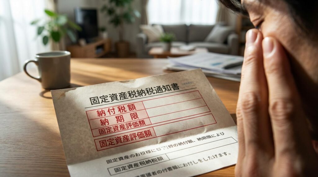 Person at a wooden table covering their face with both hands while looking at a Japanese tax notice on the desk.