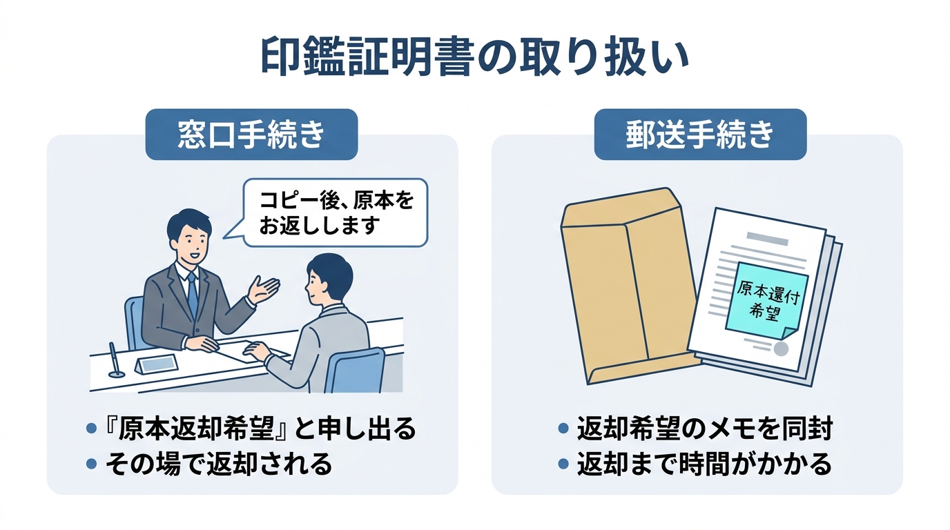 銀行の相続手続きにおける印鑑証明書の取り扱いを比較する図解。窓口手続きでは原本返却を申し出ること、郵送手続きでは返却希望のメモを同封することのポイントが示されている。