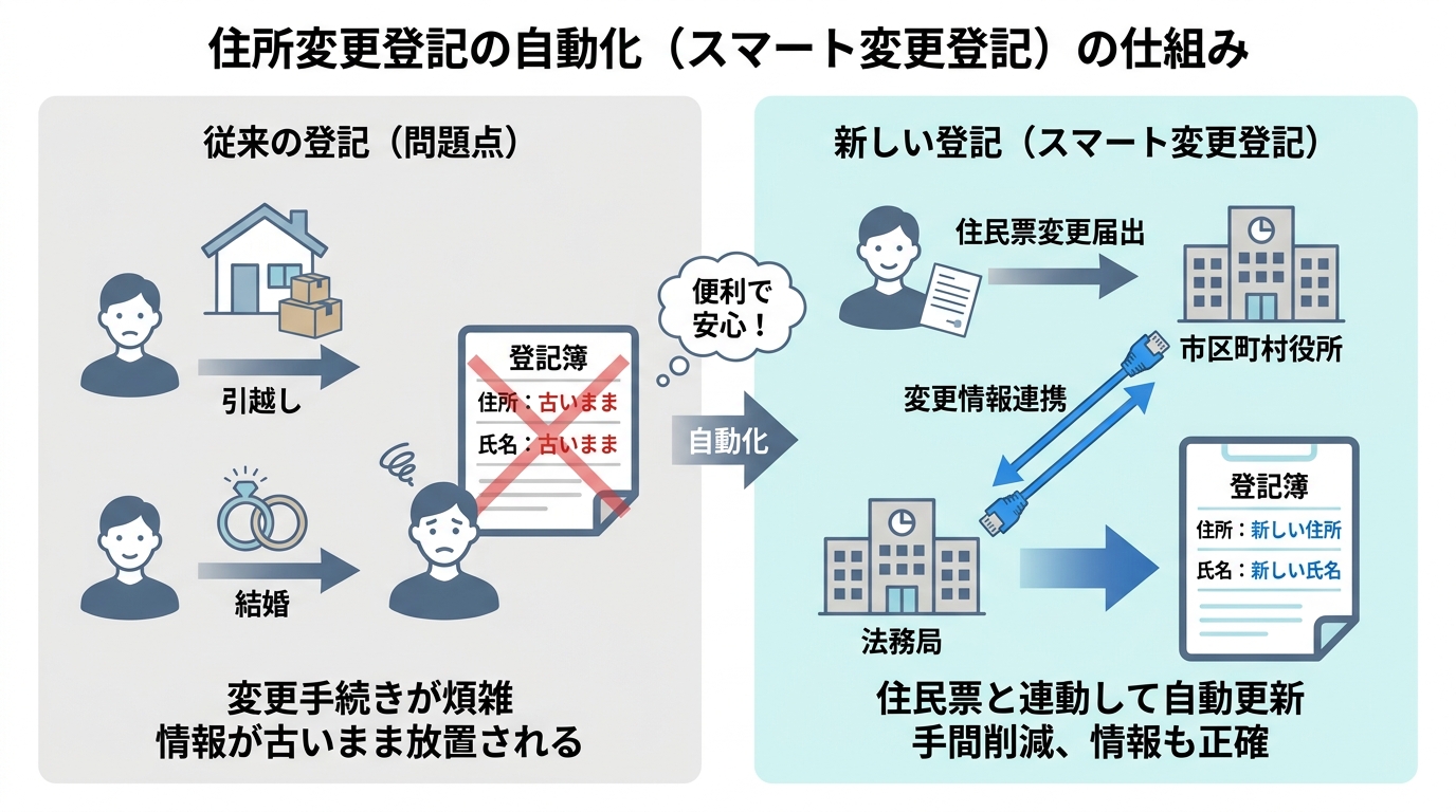 ogai_image_1 | いがり円満相続相談室 不動産登記の住所変更自動化(スマート変更登記)の仕組みを解説する図解。住民票の変更が自動で法務局の登記情報に反映される流れが示されている。