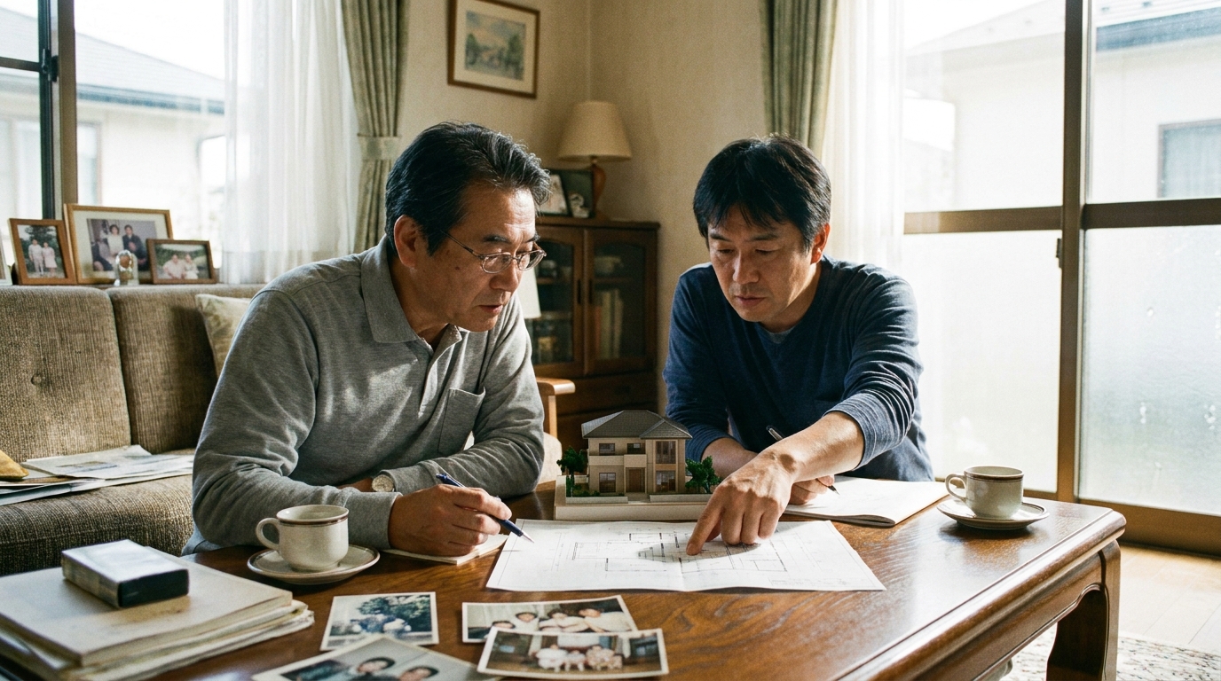 家族信託について相談する兄弟。テーブルに書類を広げ、真剣な表情で話し合っている様子。