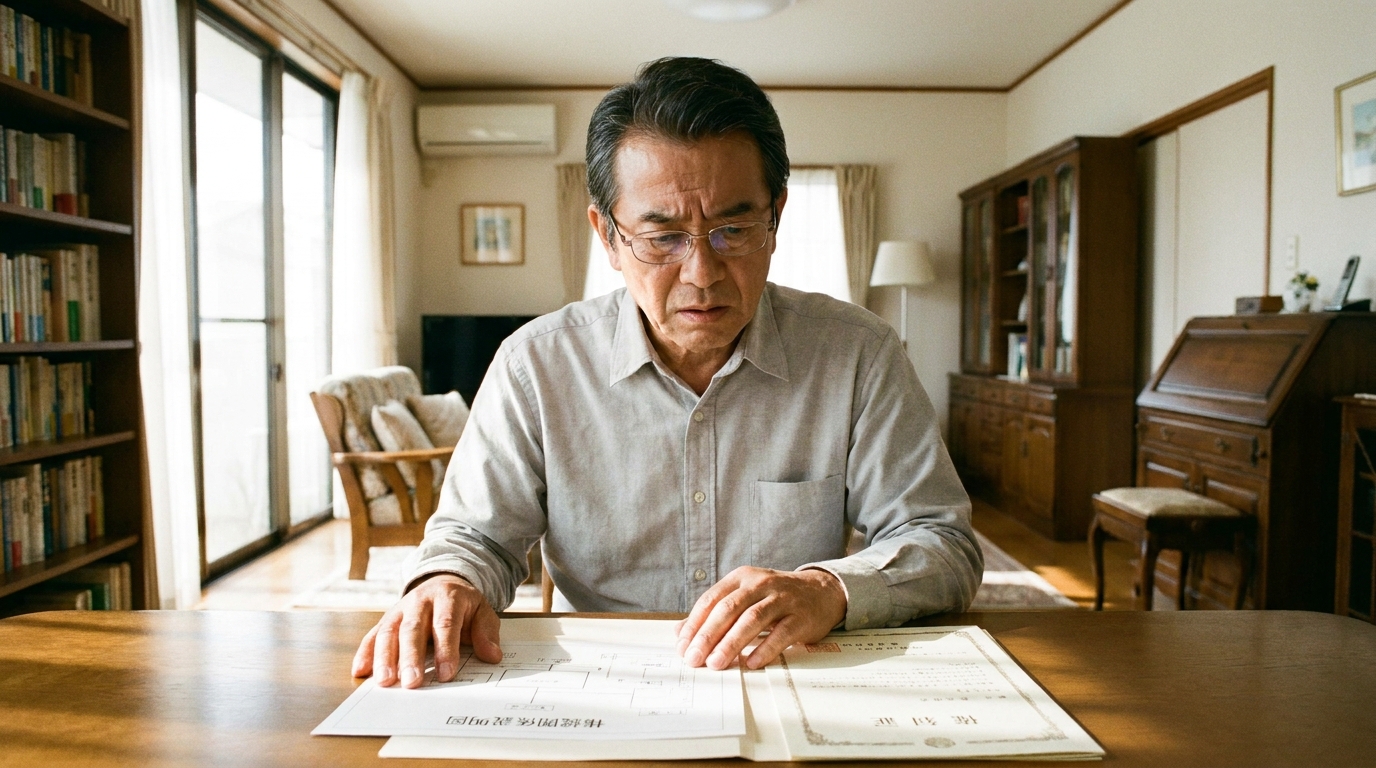 ogai_image_2 | いがり円満相続相談室 相続した不動産の登記について考え、書類を確認している男性。法改正による手続きの変更に少し戸惑っている様子。