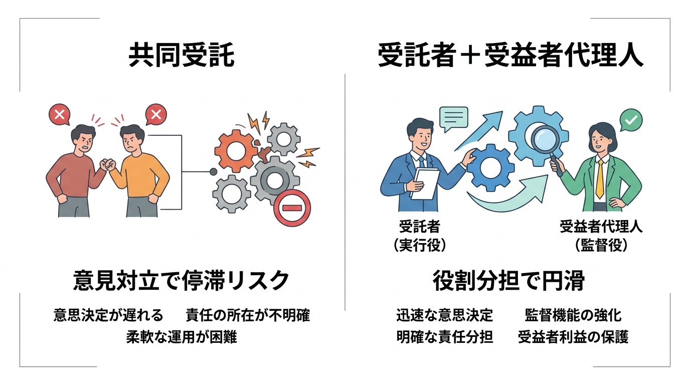 「共同受託」と「受託者+受益者代理人」の比較図解。共同受託は意見対立リスク、受託者+受益者代理人は役割分担で円滑に進むことを示している。