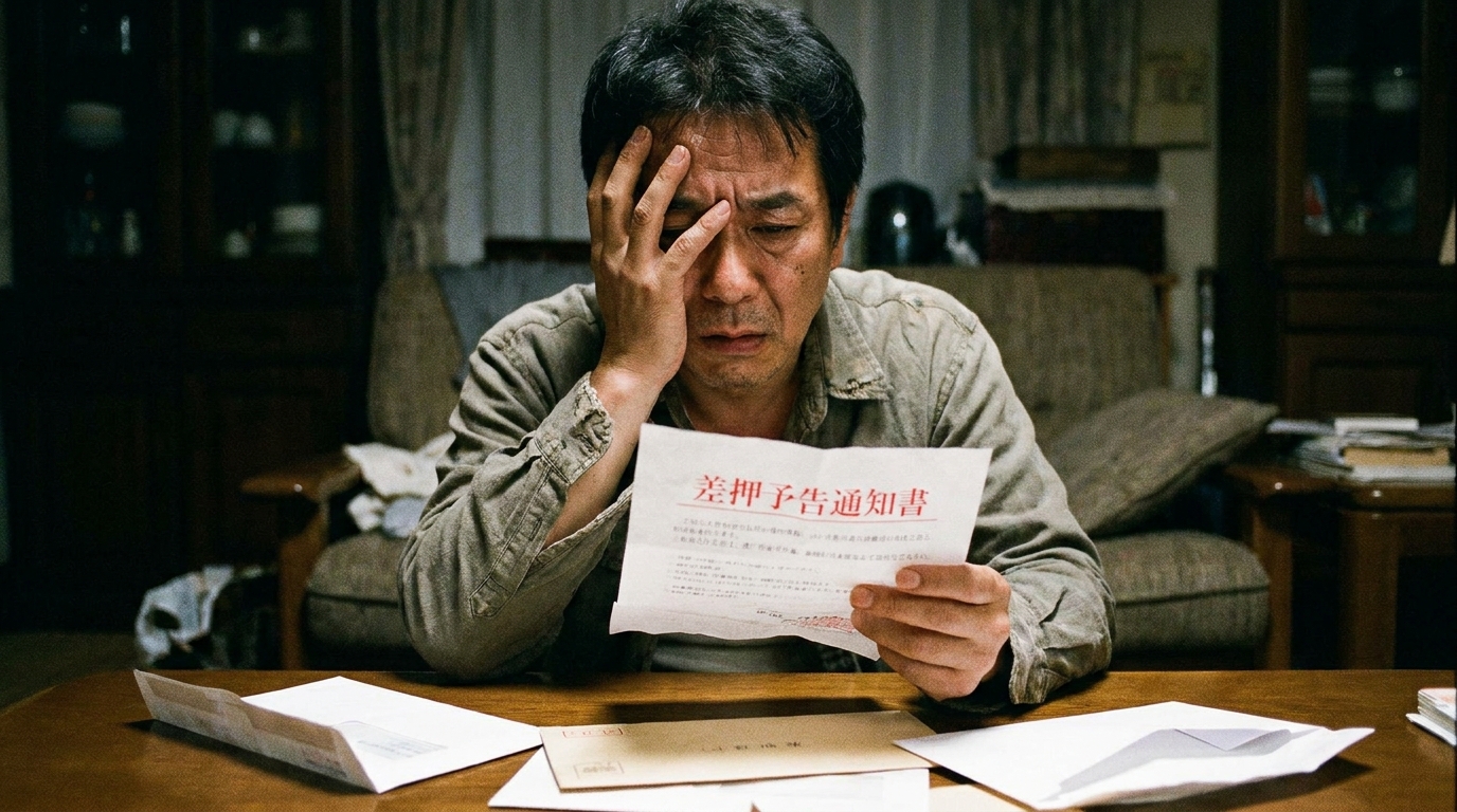 ogai_image_2 | いがり円満相続相談室 固定資産税の納税通知書を放置し、差し押さえの可能性に頭を抱える男性。