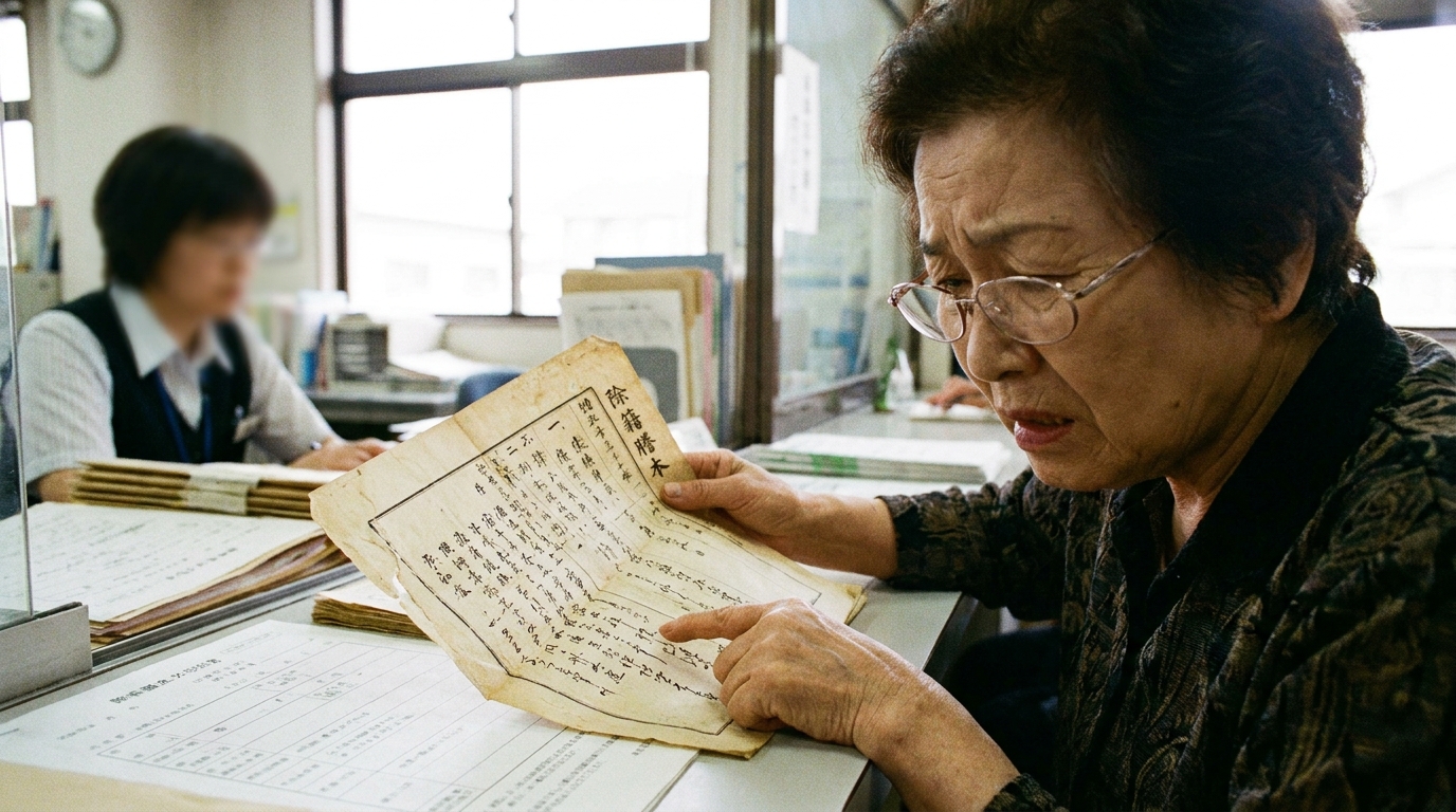 ogai_image_2 | いがり円満相続相談室 古い戸籍謄本の解読に悩む女性。代襲相続などで必要となる古い戸籍の収集と読解の難しさを示している。