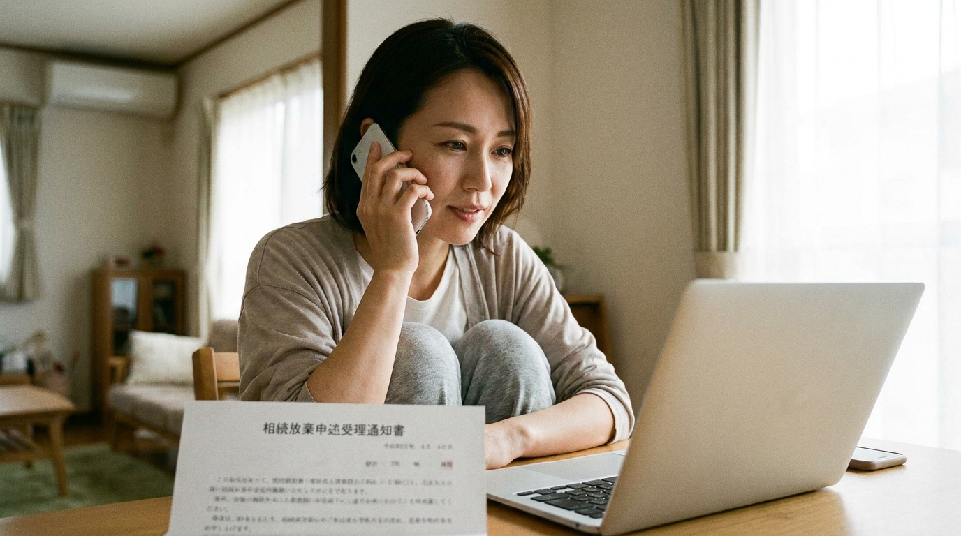 ogai_image_3 | いがり円満相続相談室 相続放棄申述受理通知書を準備し、市役所の担当部署に電話で連絡している女性。