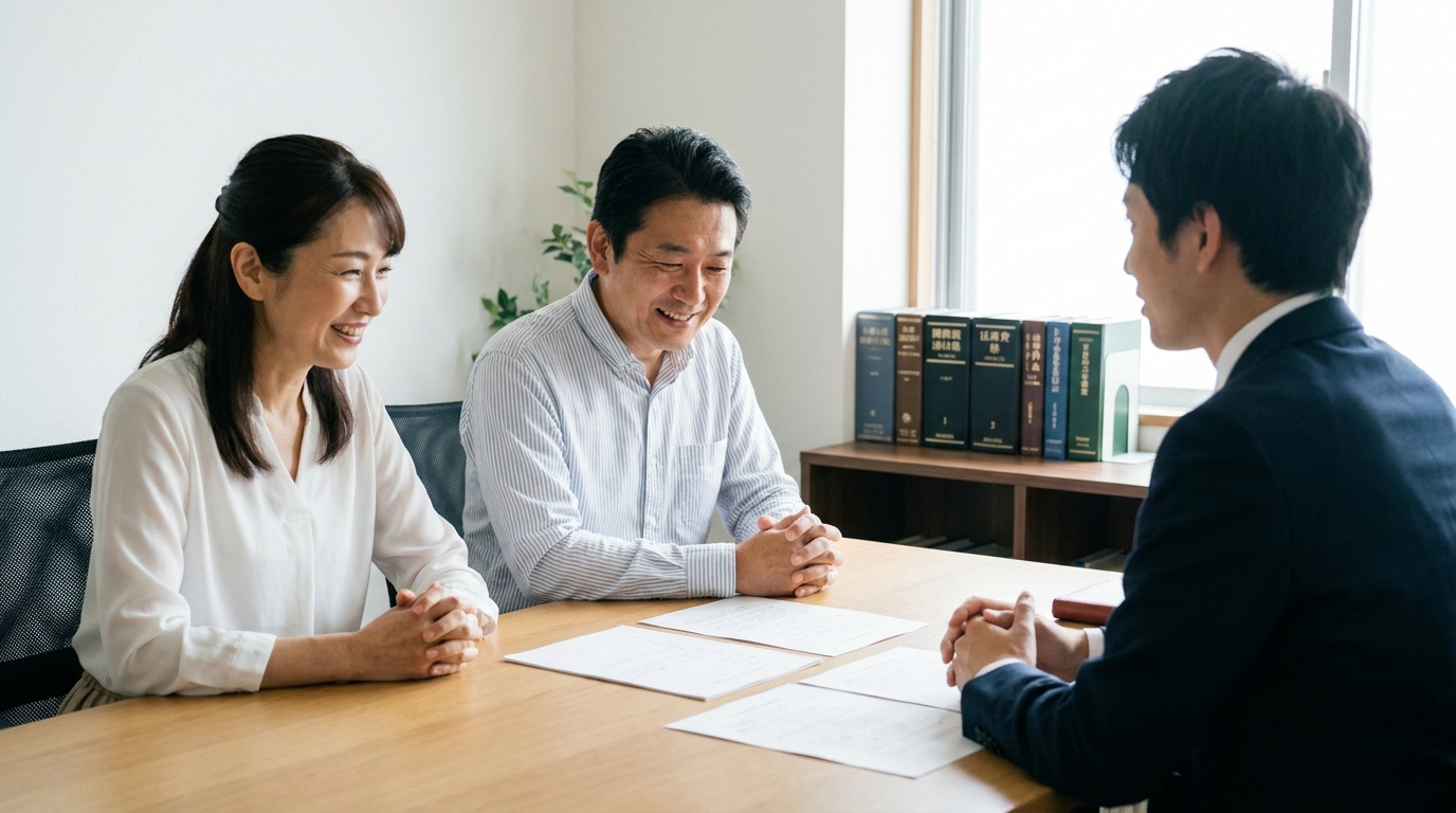 ogai_image_3 | いがり円満相続相談室 司法書士に相談して安心した表情の夫婦。複雑な相続手続きを専門家に依頼するメリットを表している。